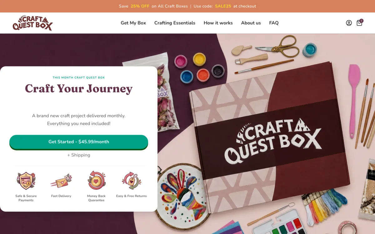 The Craft Quest Box homepage on a laptop, built on Subbly.