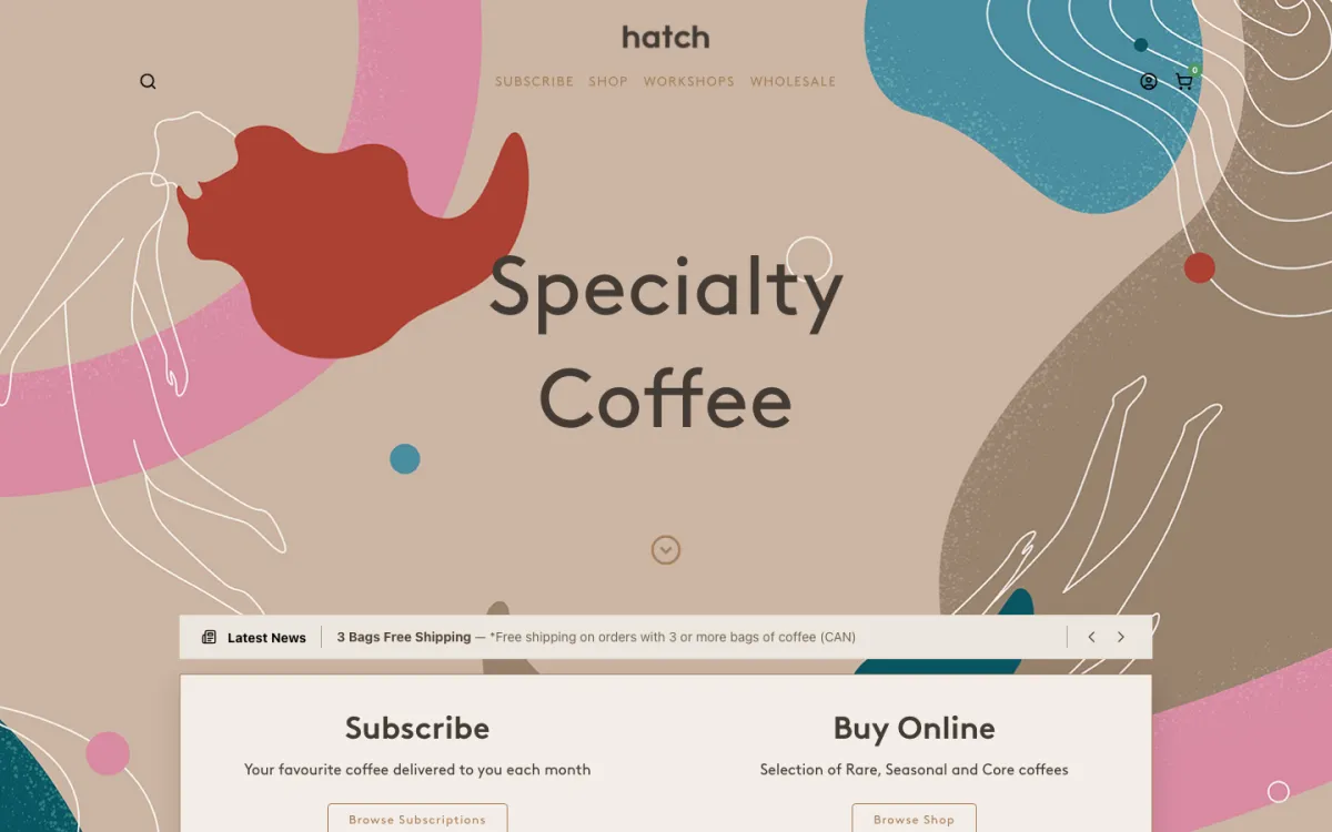 The Hatch Coffee homepage on a laptop, built on Subbly.