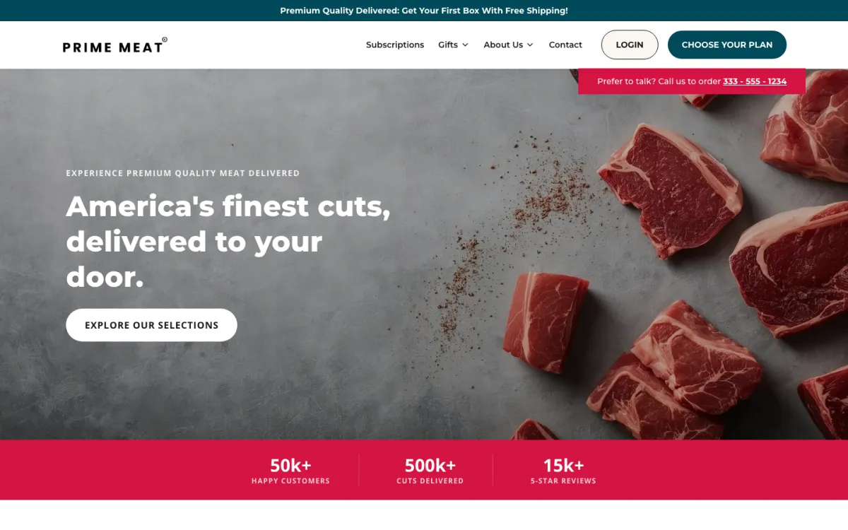 The Prime Meat homepage on a laptop, built on Subbly.