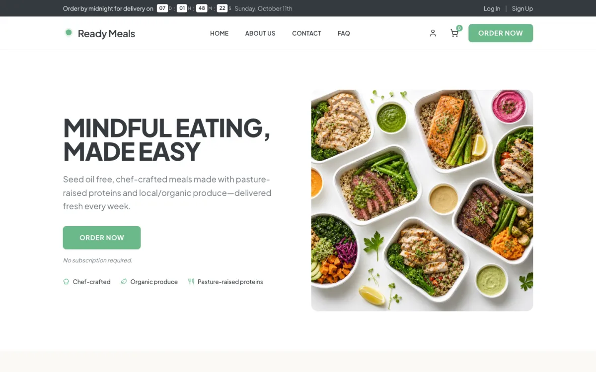 The Ready Meals homepage on a laptop, built on Subbly.