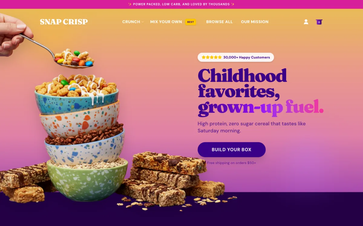 The Snap Crisp homepage on a laptop, built on Subbly.