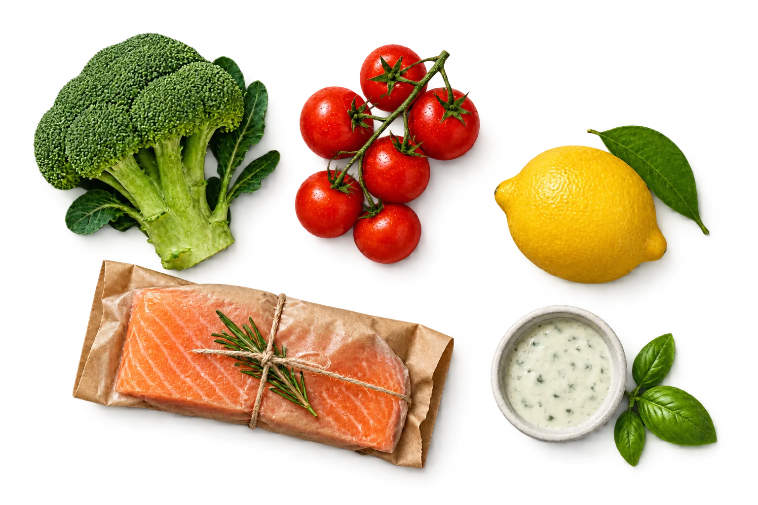 Meal kit ingredients: broccoli, tomatoes, a lemon, salmon and a herb dip.