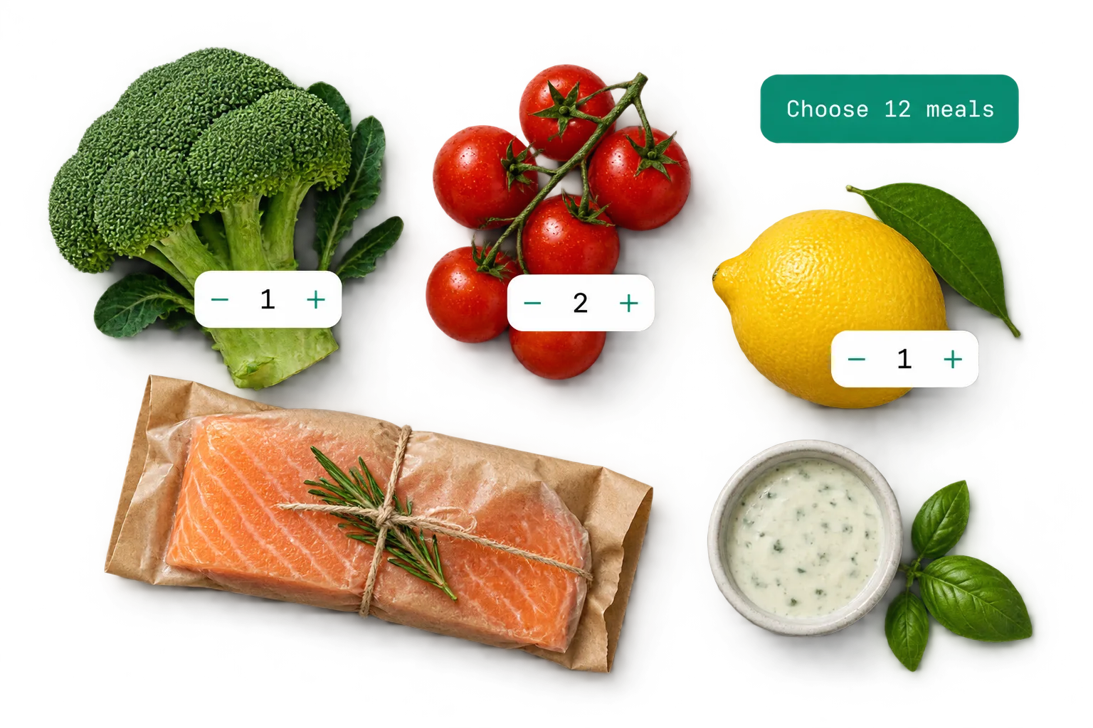 A build-your-box meal kit picker next to an open kit