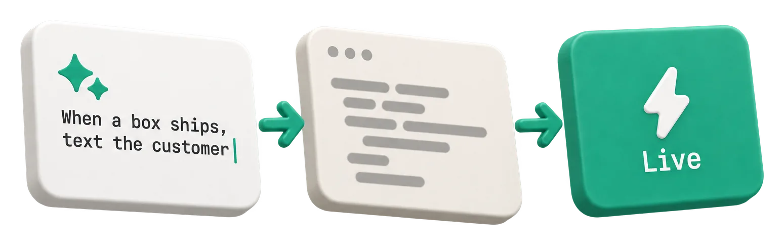 A chat prompt turning into code, then a live automation