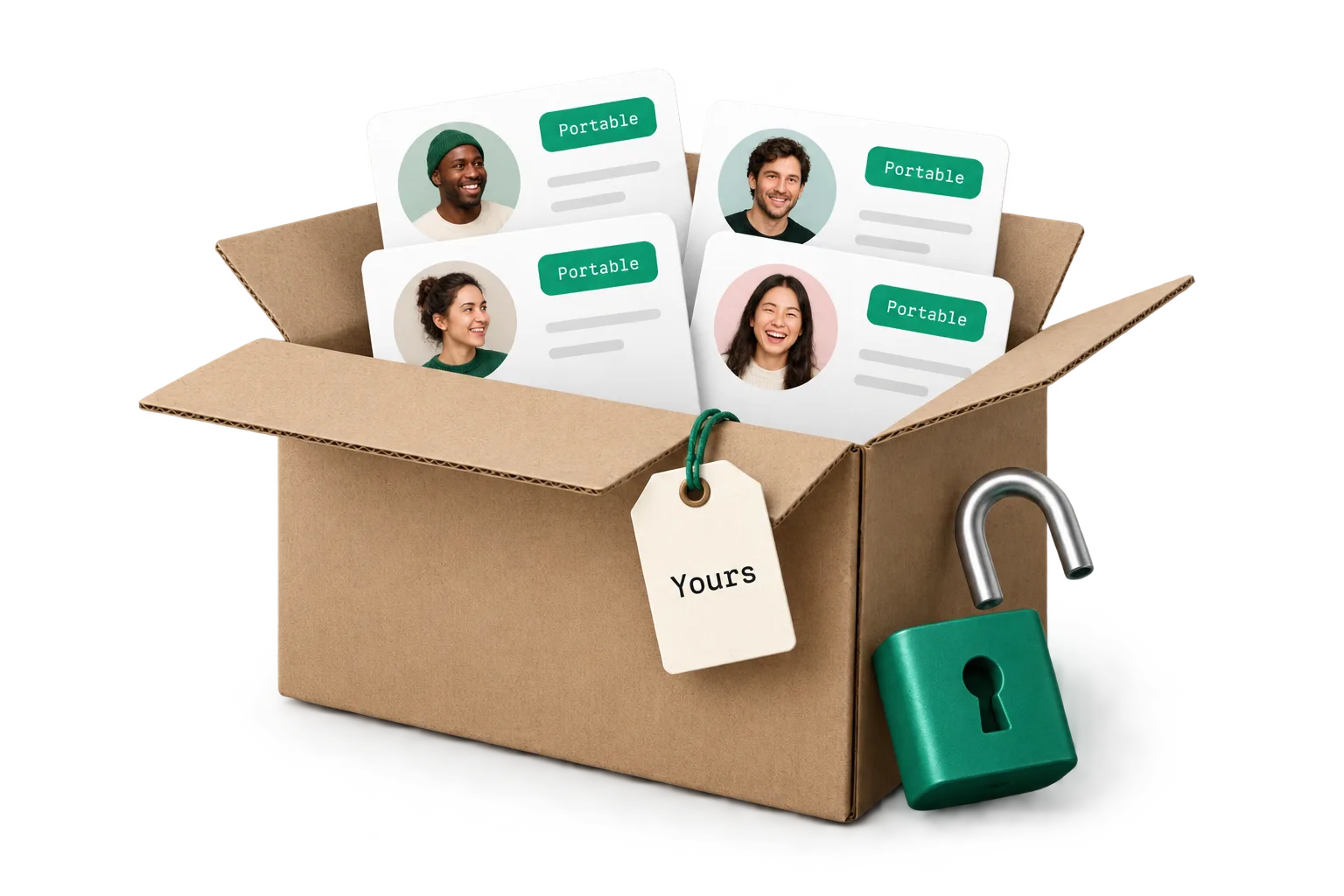A moving box of portable subscriber cards next to an open padlock
