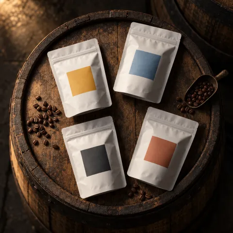 Four specialty coffee pouches from a coffee subscription on top of an oak barrel.