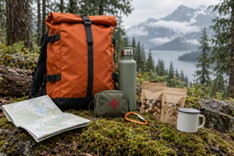 An outdoor adventure subscription box unpacked on a forest floor: a backpack, bottle, map and trail snacks.